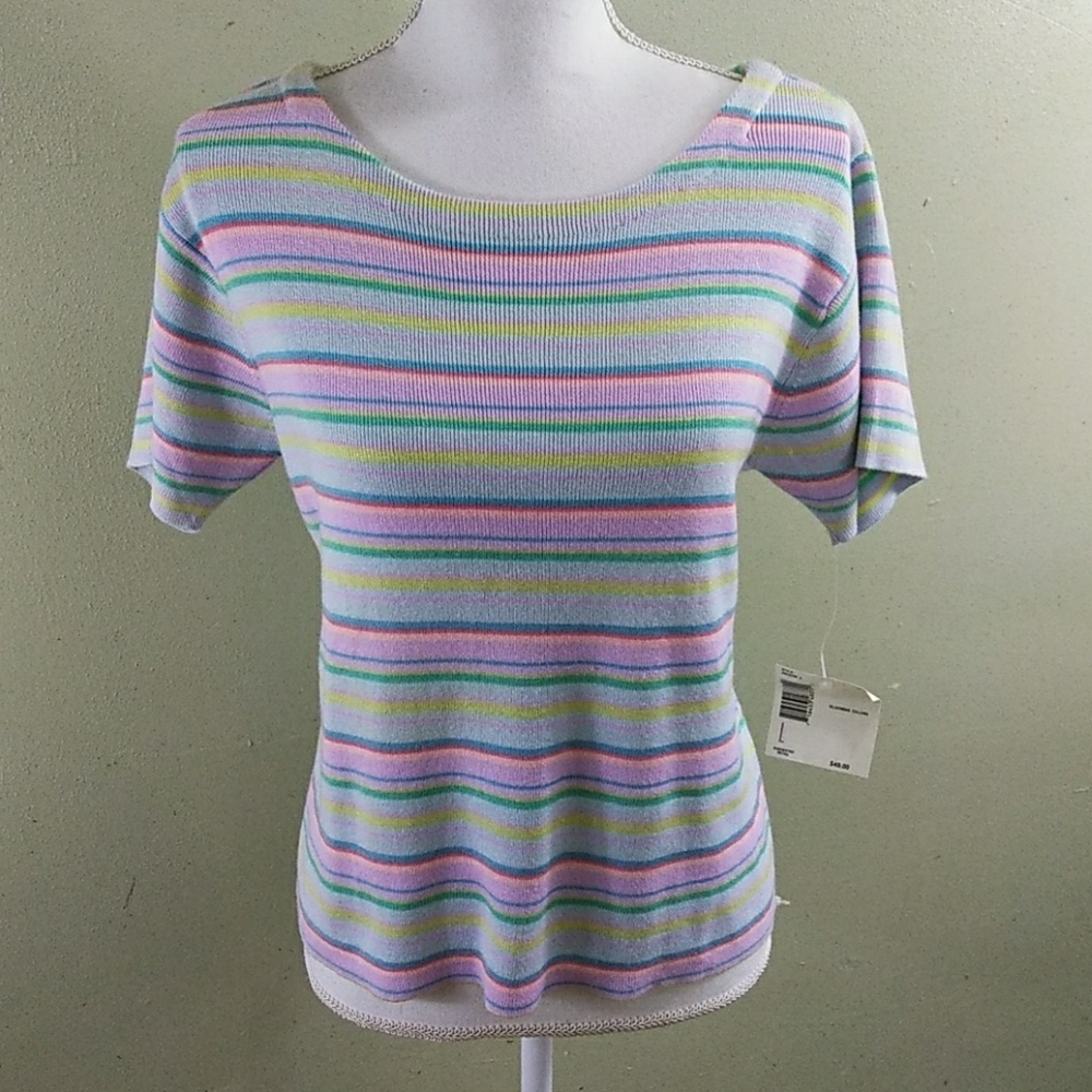 Vintage Liz Claiborne Pastel Striped Short Sleeved Sweater - L - NWT